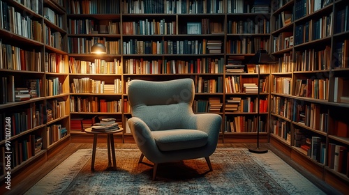 Cozy reading nook with a contemporary armchair, a small side table, and a floor lamp, surrounded by shelves filled with books.