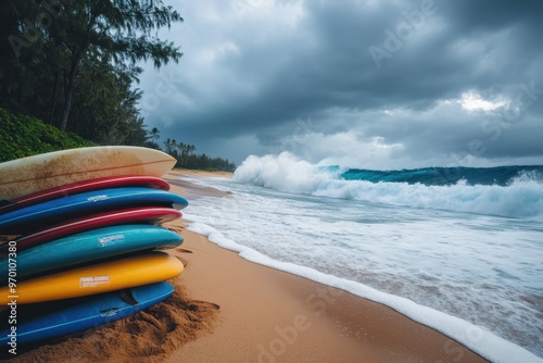 Strong waves crash over beach with surfboards at Lumaha i Kauai photo