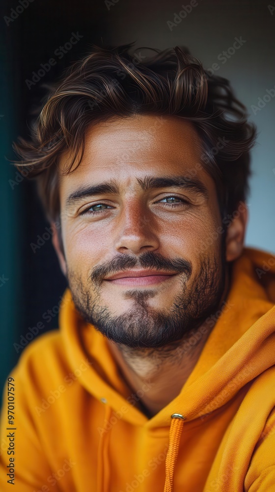 portrait of a charismatic man with vibrant orange hoodie against a matching background warm lighting enhancing his genuine smile and confident gaze portrait of a charismatic man with vibrant orange hoodie against a matching background warm lighting enhancing his genuine smile and confident gaze