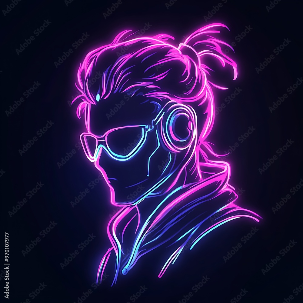 Neon portrait of a man in sunglasses and headphones, cyberpunk aesthetic Neon portrait of a man in sunglasses and headphones, cyberpunk aesthetic