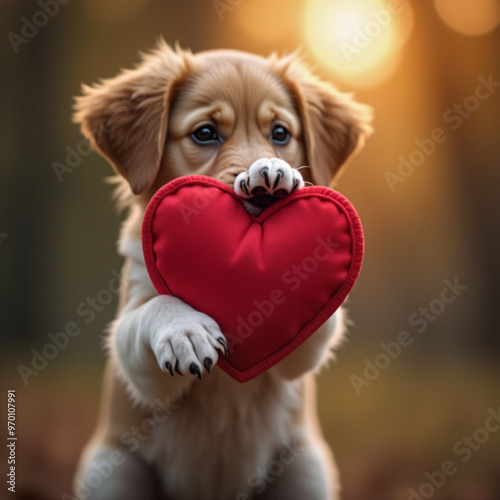 Adorable puppy holding a red heart under warm golden light, dreamy bokeh background. photo