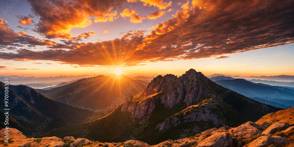 Fototapeta premium Golden hour sunset over a panoramic mountain landscape, with calm orange skies creating a peaceful atmosphere ideal for capturing the serene beauty of nature during summer’s relaxing moments