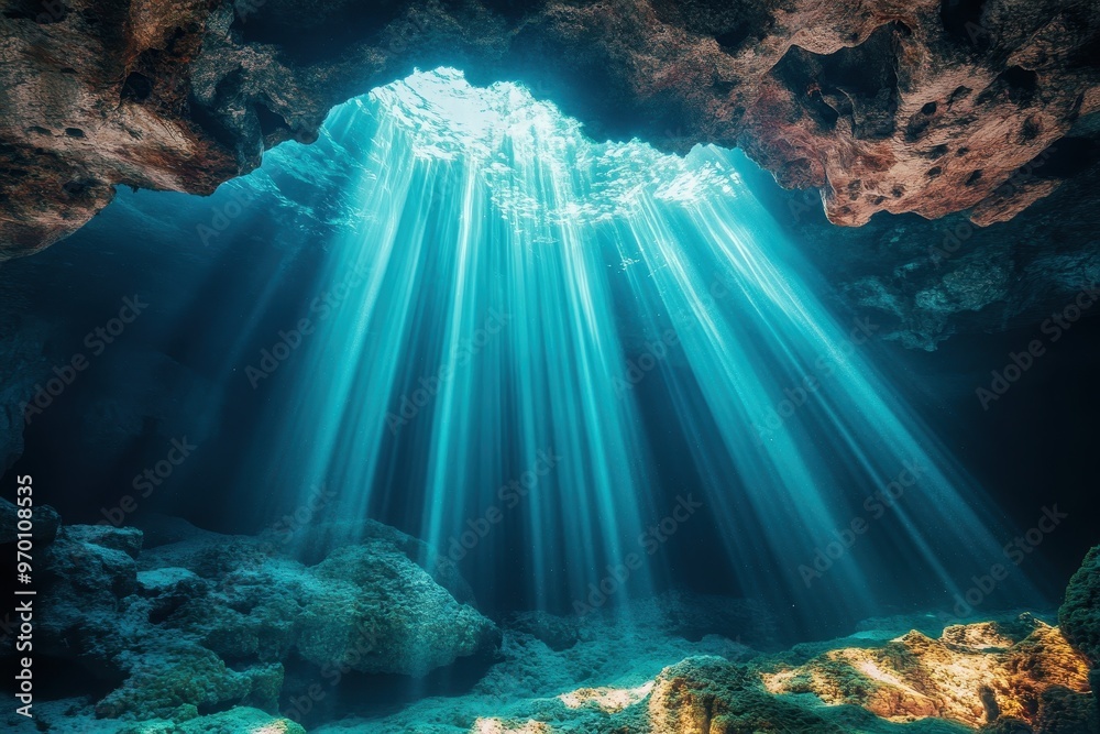 Obraz premium Sunlight illuminates the cave underwater