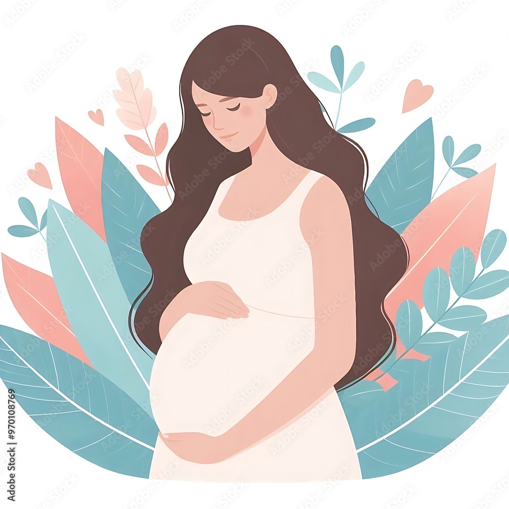 Beautiful young pregnant woman illustration. Concept of pregnancy and motherhood. Flat design on white background. Beautiful young pregnant woman illustration. Concept of pregnancy and motherhood. Flat design on white background.