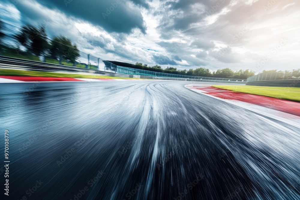 Sunny day at wet racetrack Fast motion blur Ready to race