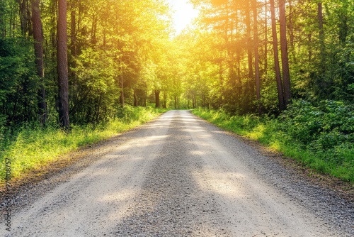 Sunlit country road through green forest evoking summer vacation in nature