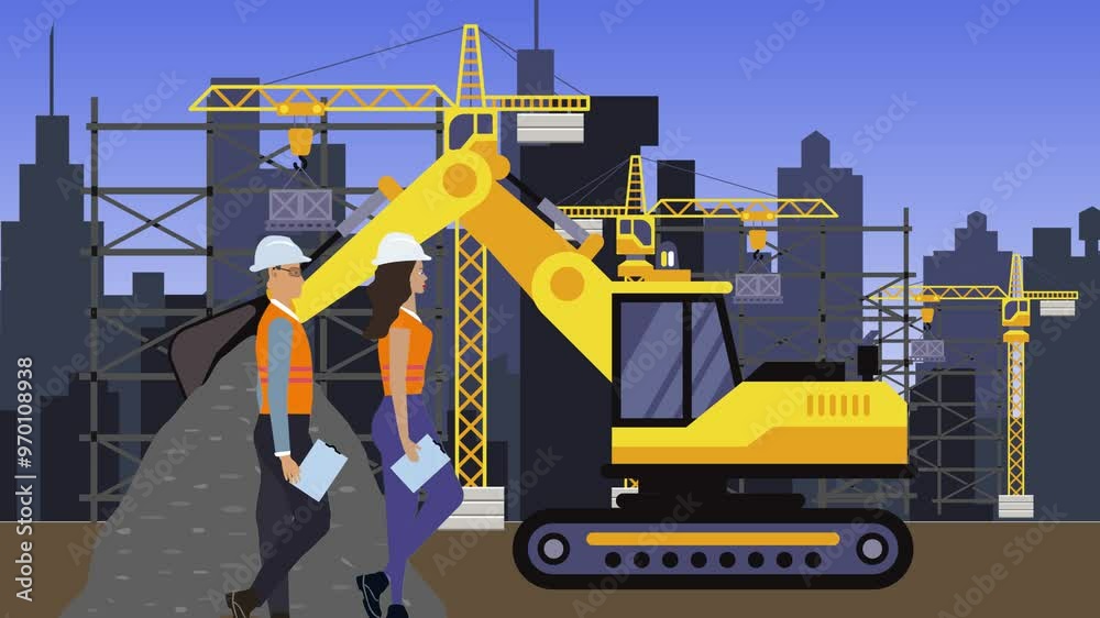 Working on Construction site, on the edge of town with engineers and building machines animation Working on Construction site, on the edge of town with engineers and building machines animation