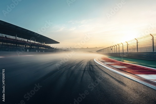 Sunrise fog on race track photo
