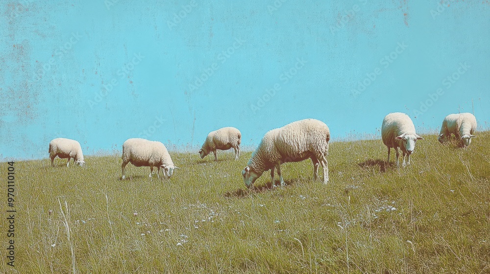 Fototapeta premium Five Sheep Grazing in a Lush Green Field Under a Blue Sky