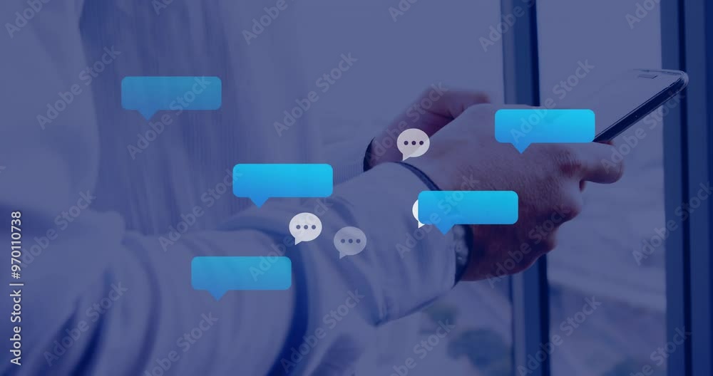Animation of digital icons processing over caucasian businessman using tablet