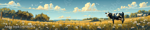 cow stands in a vibrant field of wildflowers, surrounded by rolling hills, a fence, and a starry sky. Generative ai vector illustration. Pop art comic book style imitation