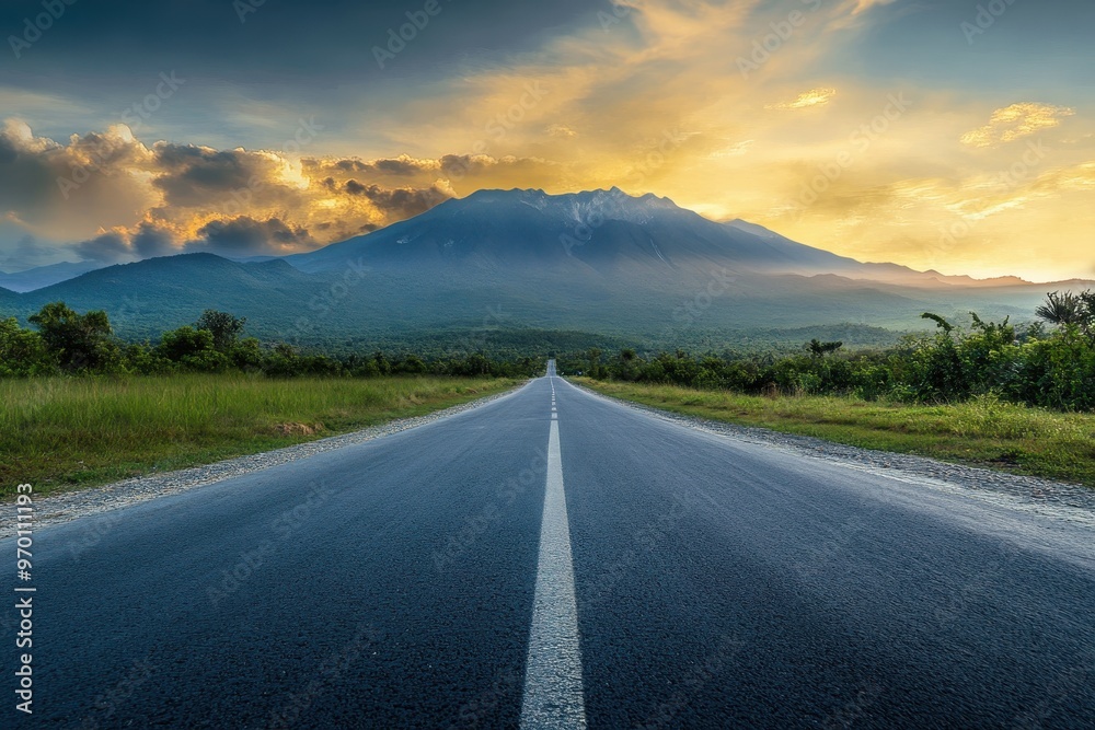 Sunset landscape with asphalt road mountains and cloudy sky Sunset landscape with asphalt road mountains and cloudy sky