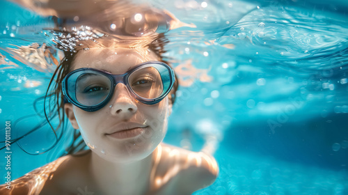 Female Swimmer at the Swimming Pool: Underwater photo.