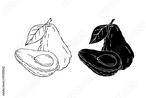 Set of silhouettes, stamps of avocado fruits, pieces of dietary fruits. Vector graphics..Vector graphics.
