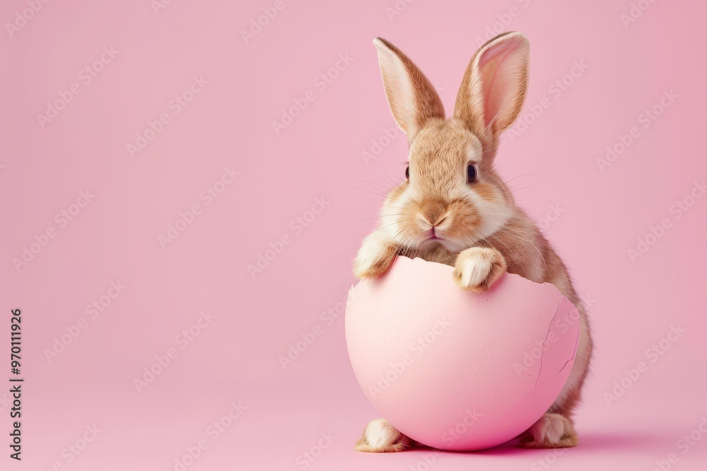 A baby rabbit is sitting inside of a pink egg, generative ai image A baby rabbit is sitting inside of a pink egg, generative ai image