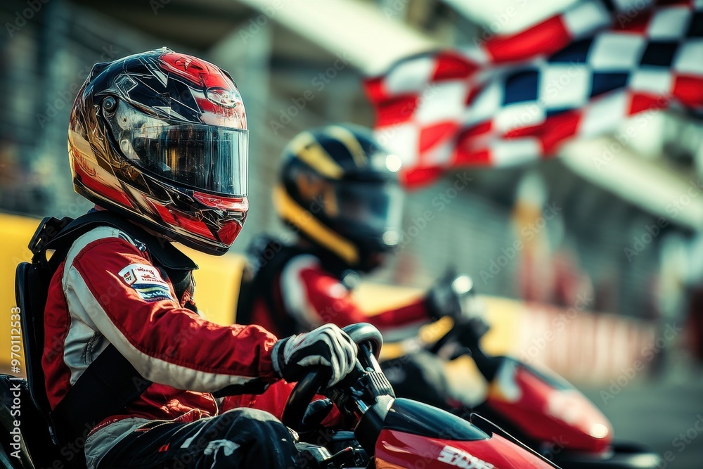 Two racers at starting line with checkered flag Two racers at starting line with checkered flag