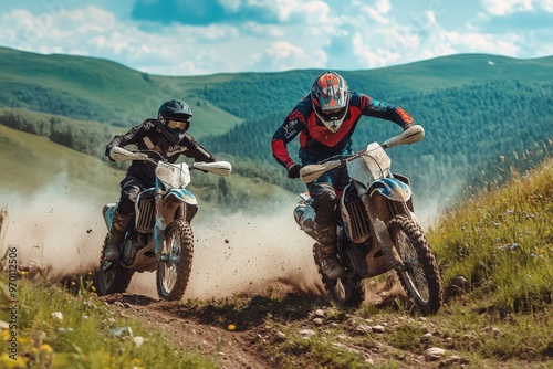 Two professional motorcyclists in full gear racing enduro bikes in highlands epic rock motocross competition assistance at the race event moto sport concept photo