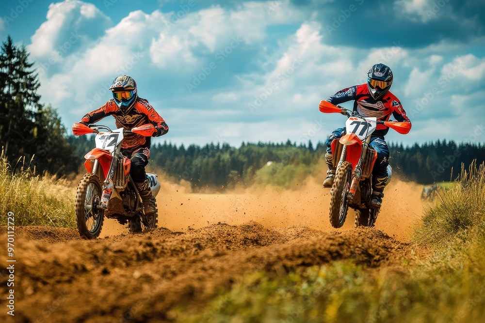 Two riders on motocross bikes in Czech countryside Action shot in nature Two riders on motocross bikes in Czech countryside Action shot in nature