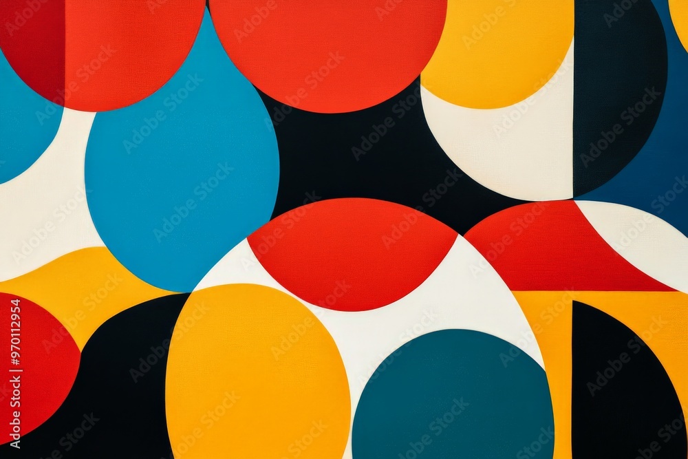 A vibrant and colorful abstract art piece showcasing various overlapping circles and shapes in bold colors like red, blue, yellow, and black on a canvas. A vibrant and colorful abstract art piece showcasing various overlapping circles and shapes in bold colors like red, blue, yellow, and black on a canvas.