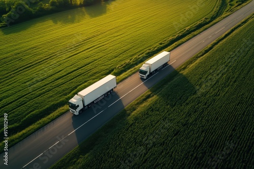 Two white trucks driving on asphalt road through green fields at sunset viewed from above Drone captures aerial landscape Cargo delivery photo