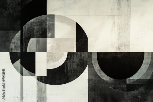 A black and white abstract artwork featuring geometric shapes and circles, creating a visually intriguing piece with a modern, minimalist aesthetic and depth. photo