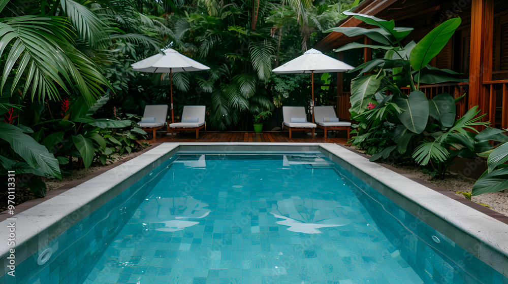 Fototapeta premium Tropical Poolside Relaxation With Lounge Chairs