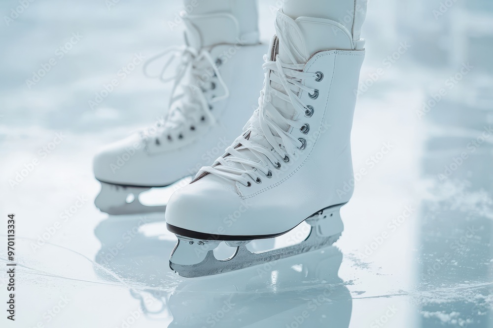 White leather skates on white ice with empty space White leather skates on white ice with empty space