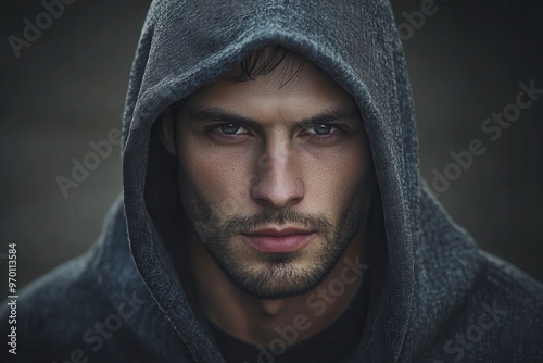 White model with hood on head