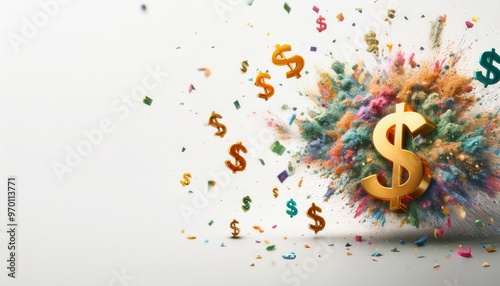 Colorful illustration of exploding dollar sign symbols. 
