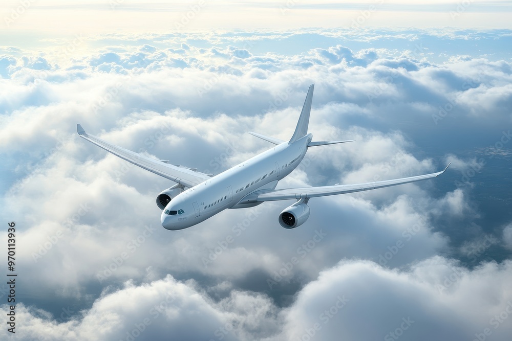White passenger airplane flying with amazing clouds in background Air travel White passenger airplane flying with amazing clouds in background Air travel