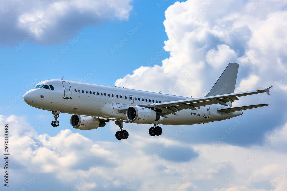 White passenger plane lands under sunny sky White passenger plane lands under sunny sky