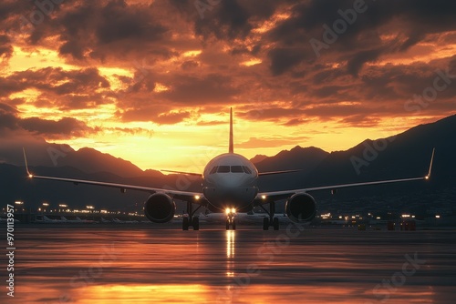 White passenger airplane parked outside terminal airport lights sunset over mountains