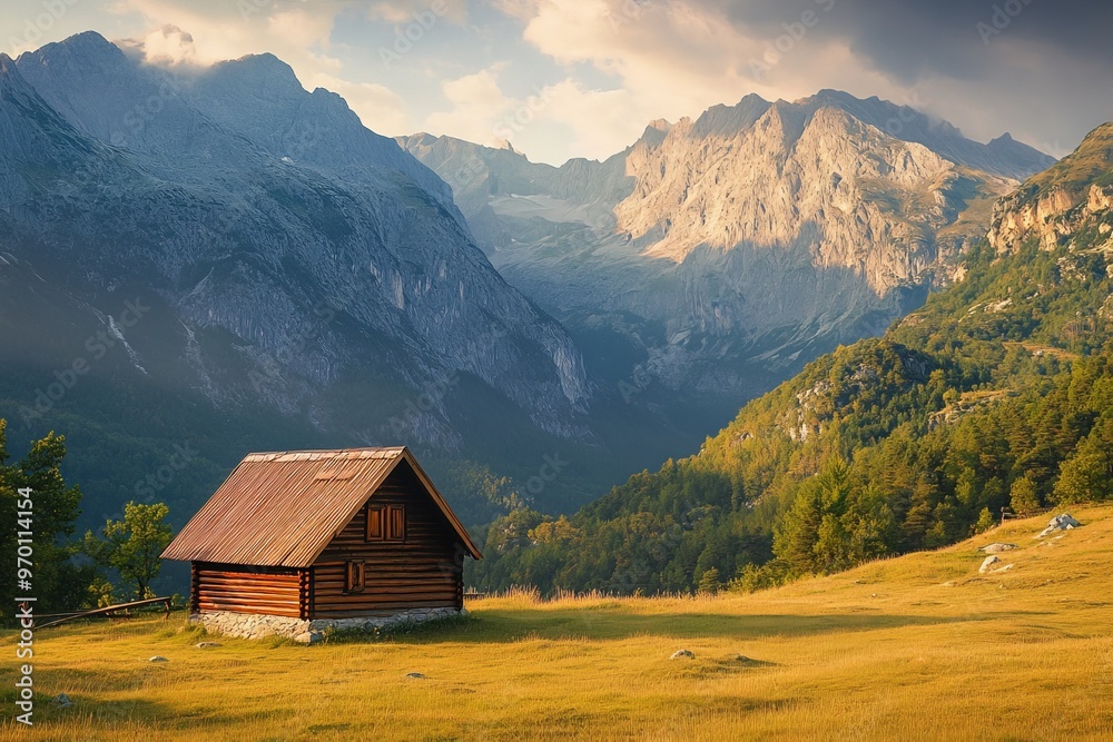 A quaint wooden cabin is nestled in a lush green valley with towering mountains in the background, exuding tranquility and the appeal of nature's peaceful retreat. A quaint wooden cabin is nestled in a lush green valley with towering mountains in the background, exuding tranquility and the appeal of nature's peaceful retreat.