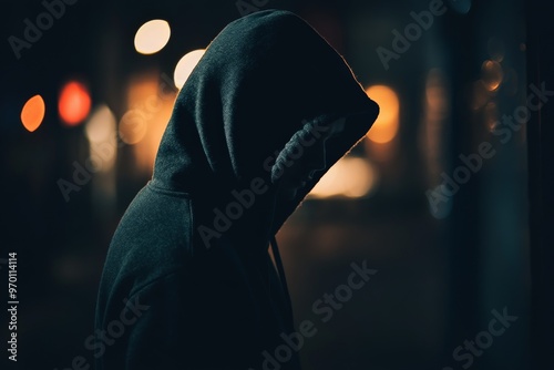 A mysterious hooded figure is depicted in silhouette against a backdrop of blurred night lights, evoking a sense of intrigue and contemplation, blending shadow and light. photo