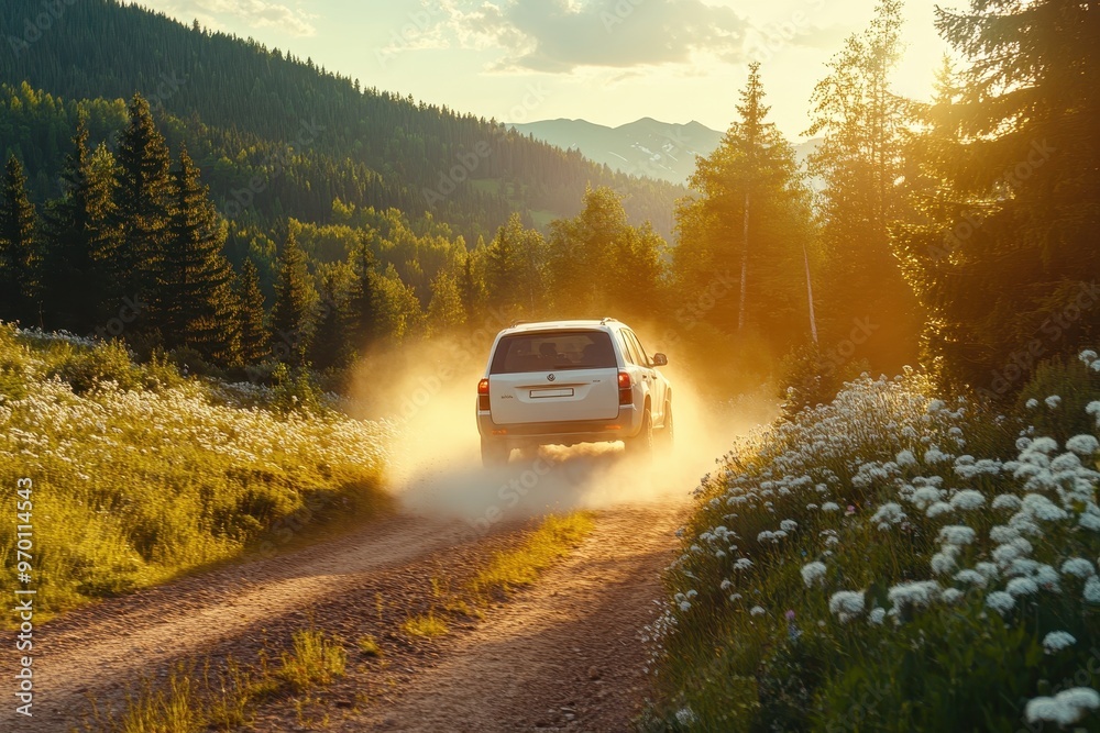 White SUV conquers mountain route by gorge near river and forest Sunset yellow sunlight on white dust Tall trees and flowers White SUV conquers mountain route by gorge near river and forest Sunset yellow sunlight on white dust Tall trees and flowers