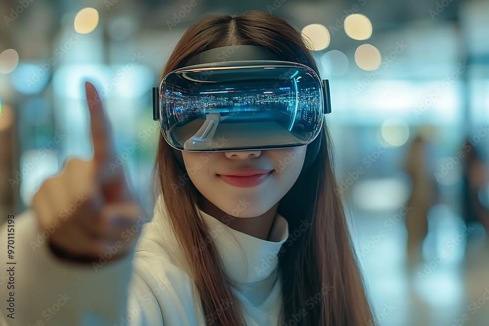 Woman using VR headset, exploring virtual reality, technology, future, metaverse, gaming Woman using VR headset, exploring virtual reality, technology, future, metaverse, gaming