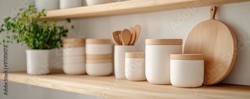 Organized Zero-Waste Kitchen Reusable Containers Neatly Stacked on Wooden Shelves, Minimalist Lifestyle, Sustainable Living, Eco-Friendly Kitchen Storage Solutions, Sustainable Kitchen Organization