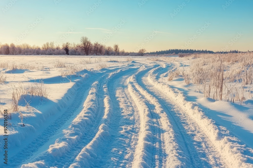 Winter ATV track with wheels on snowy sand Winter ATV track with wheels on snowy sand
