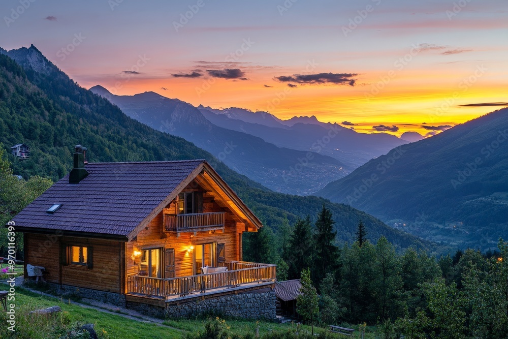 A charming wooden cabin is situated in the mountains, surrounded by lush forest greenery, with a magnificent sunset casting vibrant colors across the sky and mountains. A charming wooden cabin is situated in the mountains, surrounded by lush forest greenery, with a magnificent sunset casting vibrant colors across the sky and mountains.