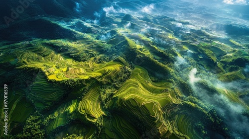 Aerial view of rice terraces in the mountains.