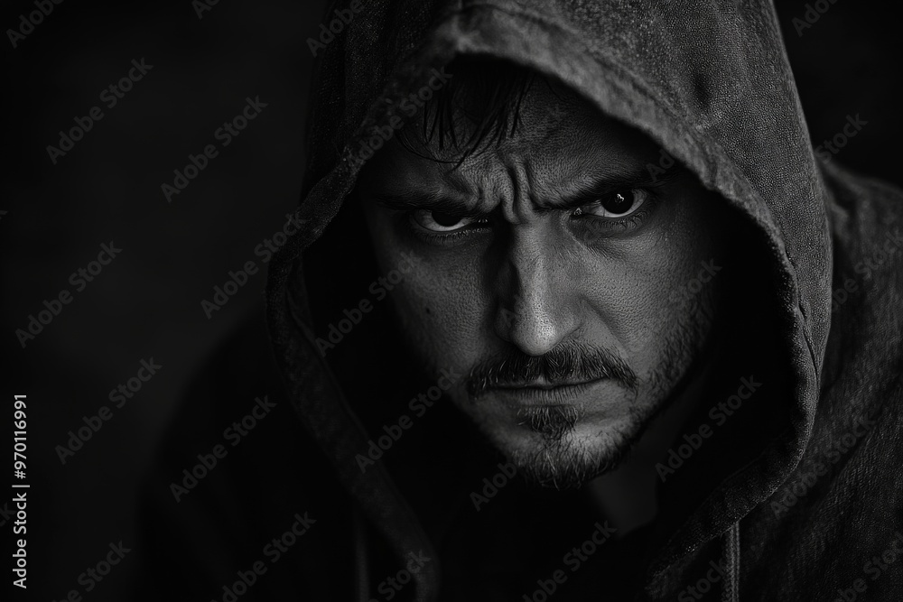 A striking black and white portrait of a man in a hoodie, his intense stare and furrowed brow conveying strong emotions, captured with dramatic lighting. A striking black and white portrait of a man in a hoodie, his intense stare and furrowed brow conveying strong emotions, captured with dramatic lighting.