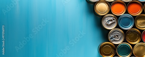 Top view of various canned goods on a blue background with empty copy space for design. Free copy space for banner.