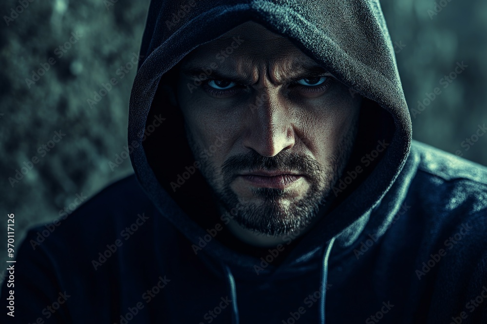 A gritty and intense photo of a man in a hoodie, staring directly into the camera. The dark background and dramatic lighting emphasize his steely determination. A gritty and intense photo of a man in a hoodie, staring directly into the camera. The dark background and dramatic lighting emphasize his steely determination.