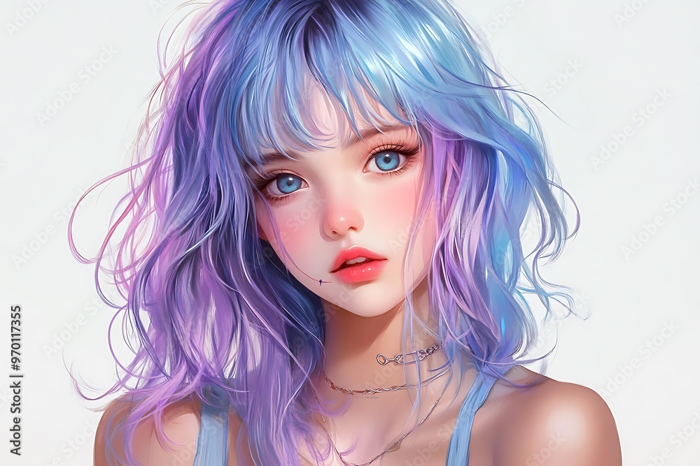 Fototapeta premium Anime girl with blue and purple hair, blue eyes and red lips