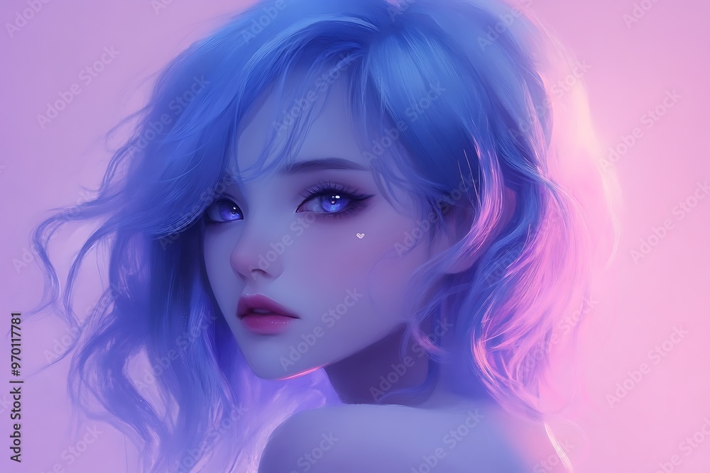 Digital art of anime girl with blue hair and purple lighting Digital art of anime girl with blue hair and purple lighting