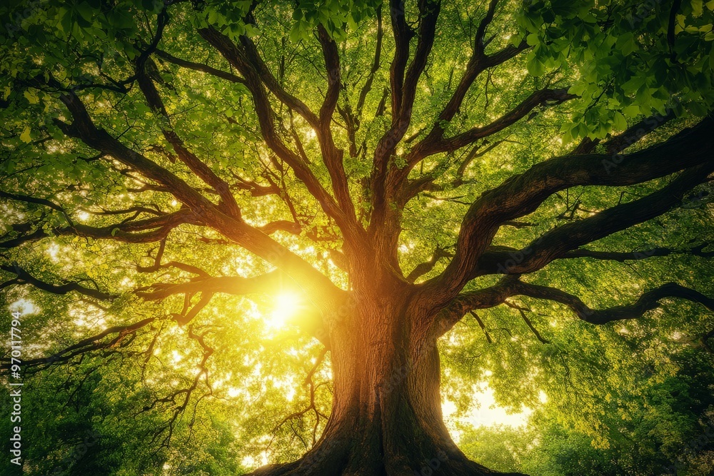 Fototapeta premium A grand tree with extensive, far-reaching branches, with sunlight filtering through, surrounded by green leaves, epitomizing the serenity and magnificence of nature.
