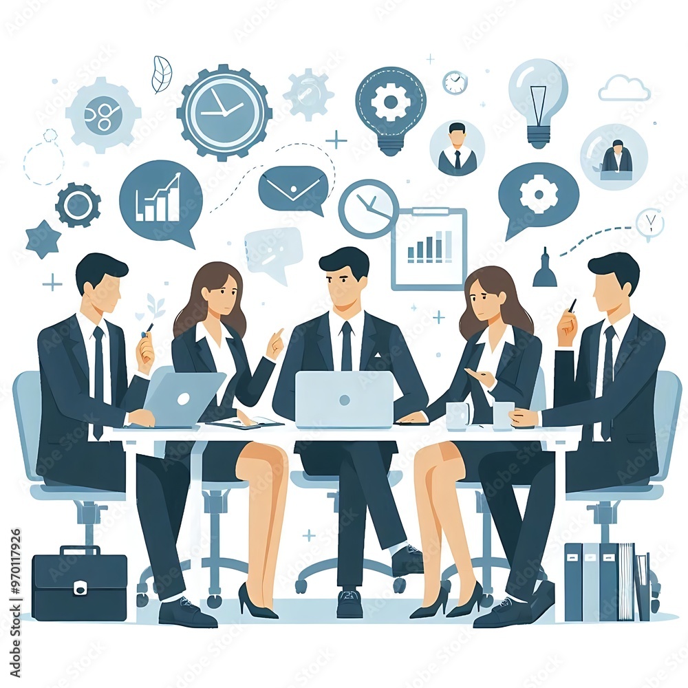 Business Meeting. cartoon illustration in a flat style of a group of diverse people leading a discussion at a table near a whiteboard with charts and graphs. Isolated on white background Business Meeting. cartoon illustration in a flat style of a group of diverse people leading a discussion at a table near a whiteboard with charts and graphs. Isolated on white background