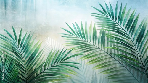 Green palm with reeded glass. White Reeded Glass. Plant leaves. Pure aesthetic behind frosted panel for modern beauty illustration. Luxury cosmetic wall with summer decoration. Ribbed Background.