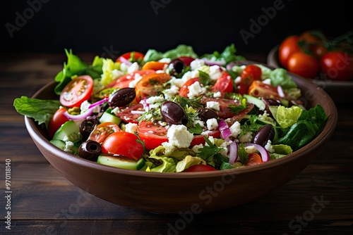 A salad with fresh tomatoes, sliced onions, and crumbled feta cheese, served in a bowl.