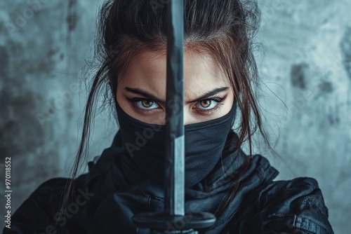 Woman ninja with sword on gray backdrop photo